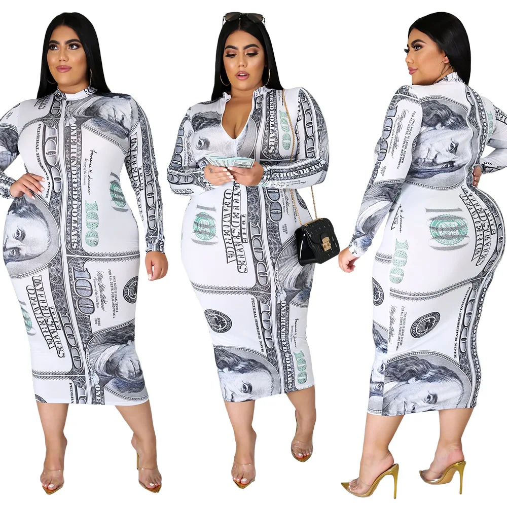 

Hot Selling spring Products 2021 Fashion Dollar money Print V Neck Plus Size Women Clothing Long Sleeve Maxi Dresses, Photo color