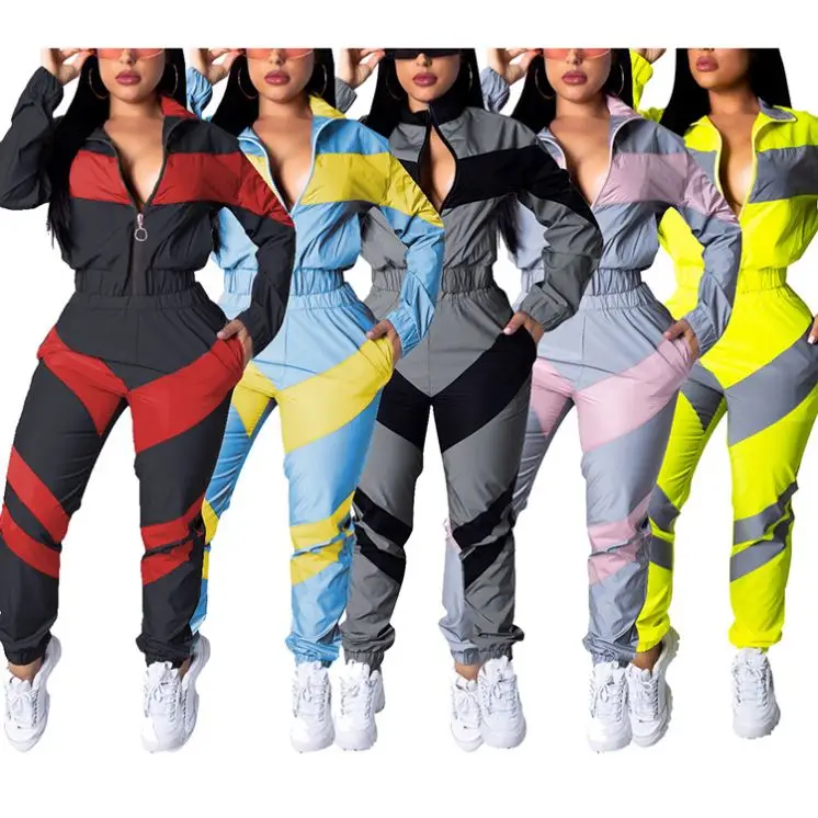 

Sportswear 2-piece set Ladies jogging suit solid color two-color stitching long-sleeved windbreaker suit, 3colors