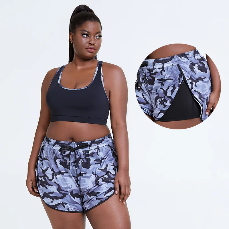 

Europe And America xxxx Girl Fitness Yoga Wear Fat Wmen Clothing Camo Crop Top And Shorts Set Two Piece Plus Size Gym Wear Sets, Black