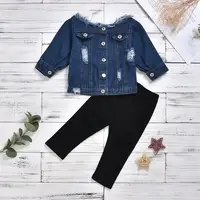 

2020 New Spring Autumn Girl Clothing Fashion Off the Shoulder Distressed Jean Coat +Black Ripped Leggings 2 pcs Outfit Set