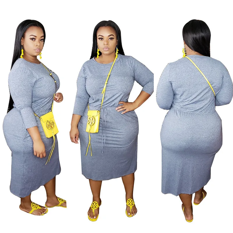 

2021 loose casual plus size women dress women solid round collar long sleeve casual maxi dress