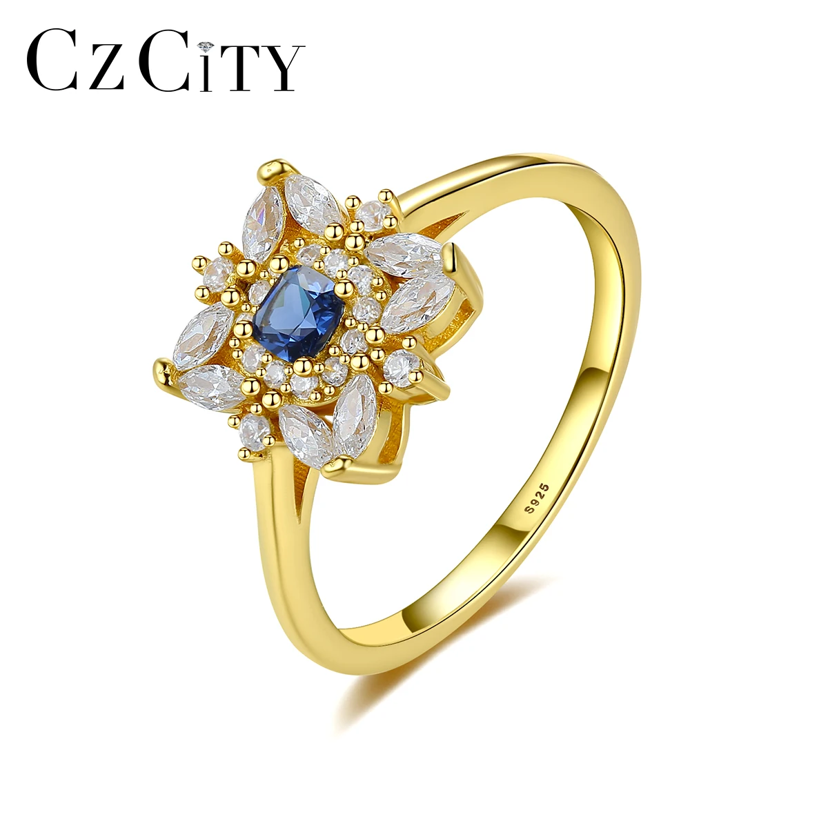 

CZCITY High Quality Men Made Synthetic Gemstone Flower Sapphire Ring Women Wedding Rings Gold Plated