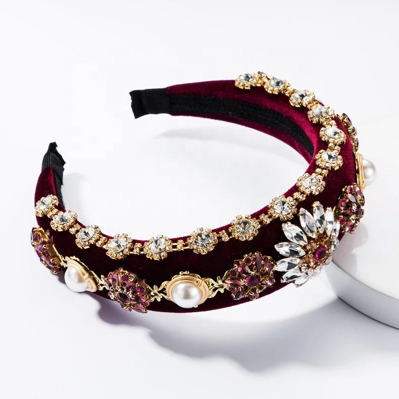 

Jachon Custom Baroque Tiaras Wide Velvet Handmade Luxury Crystal Headband Women Headband Hair Accessories, As picture