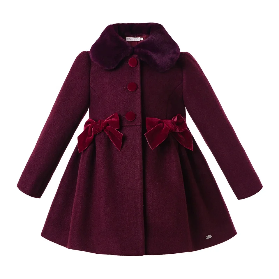 

Pettigirl Fall Velvet Wine Red Winter Girls Coats With Bows Faux-Fur Collar Single Breasted popular Baby Girl Clothing