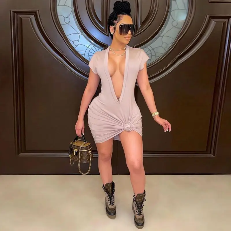 

Wholesale Deep-v Short Sleeve Bodycon Dress Women Elegant Casual Dresses Women