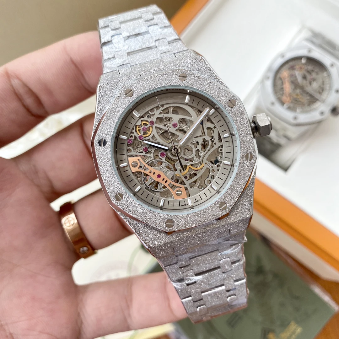 

Oak silver Sandblasting case skeleton dial visible movement waterproof mechanical luxury watch