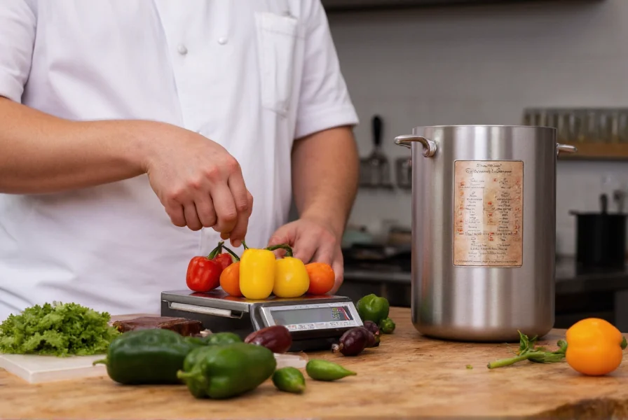 Chef carefully measuring different colored peppers on kitchen scale, preparing to make hot sauce with reference to scoville chart