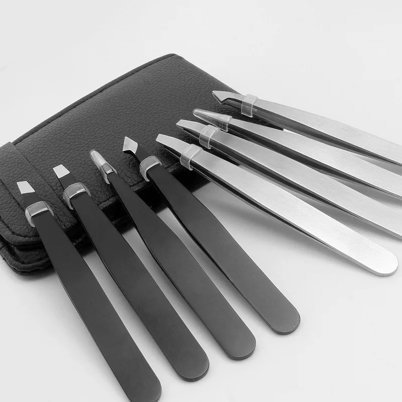 

Cheap 4 pcs silver black eyebrow tweezers set with leather bag, Black or silver