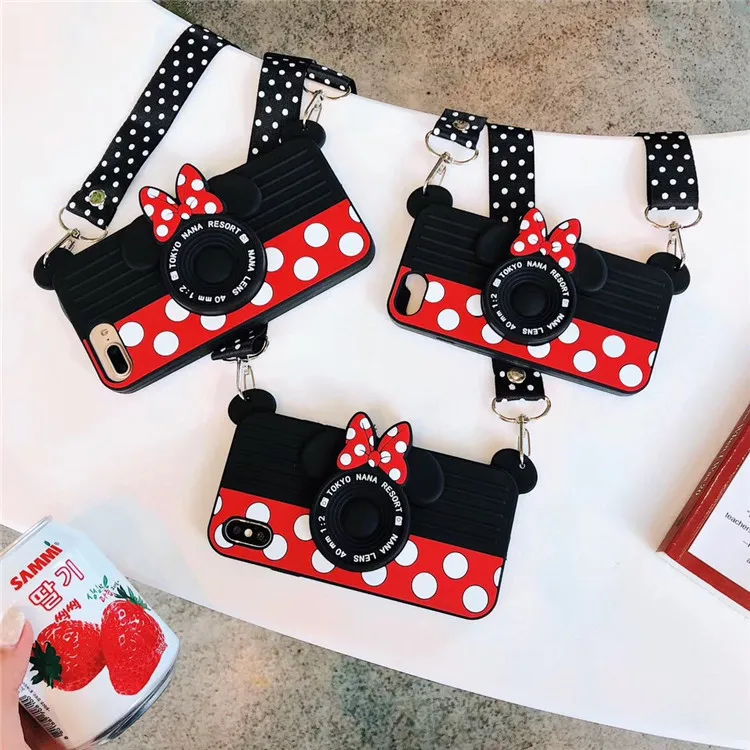 

For iPhone Xs Max X 6 7 8 Cute 3D Minnie Mouse Polka Dots Kickstand Silicone Phone Case With Strap Lanyard