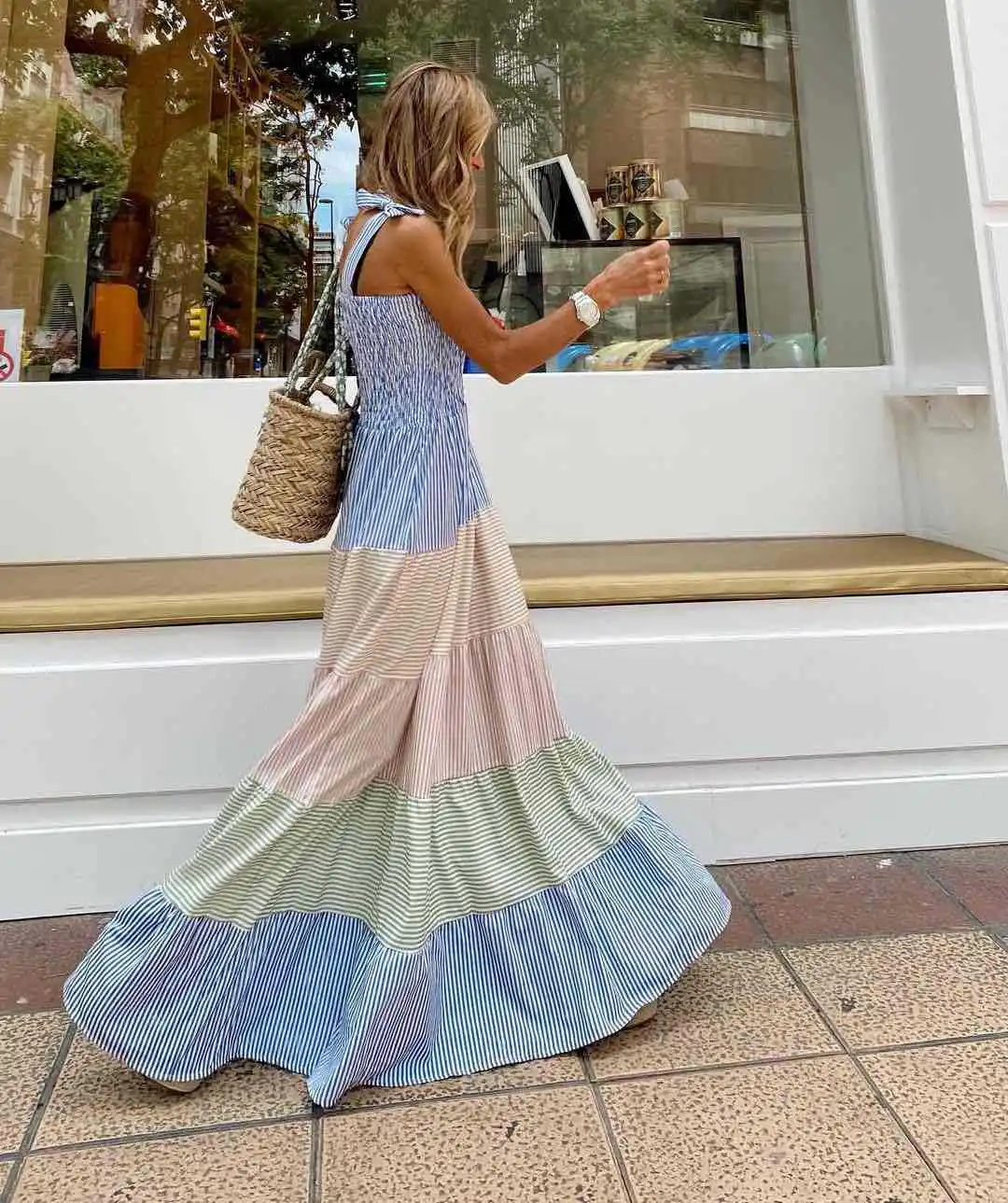 

Women Pleated Sleeveless Maxi Beach Dress Summer Elegant Off Shoulder Bow Sling Party Dress Lady Fashion Striped Patchwork Dress, Shown
