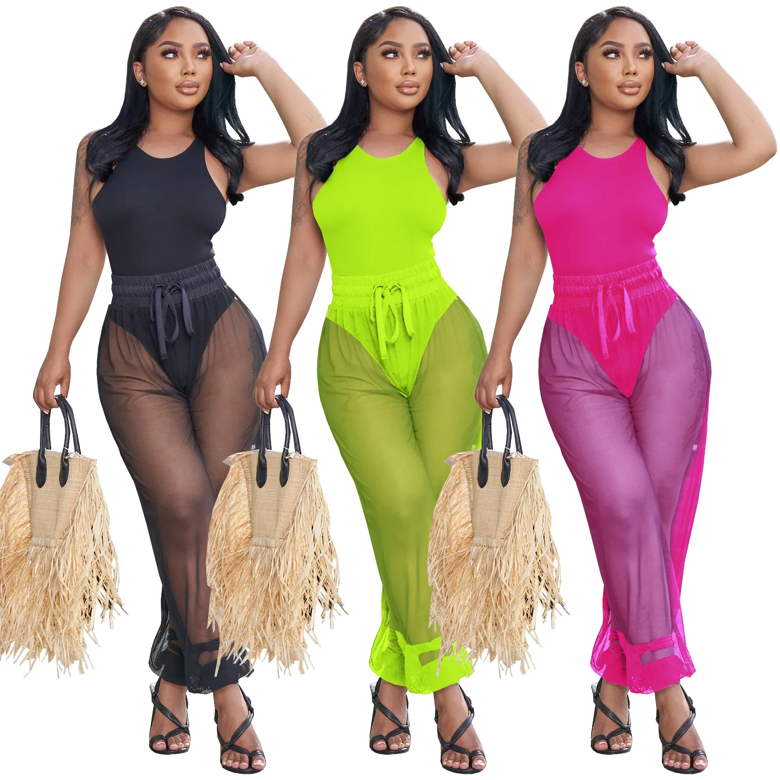 

2022 Summer Outfits Tank Bodysuit Top See ThroughMesh Pants Set Beach wear Trending Two Piece Women Clothing Jumpsuit Sets