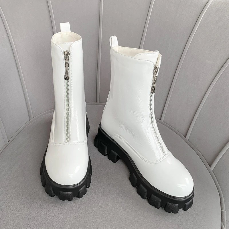 

Round Head Thick Platform Patent Leather Shoes Female Strange Style Heel Winter Ankle Boots, Black/white