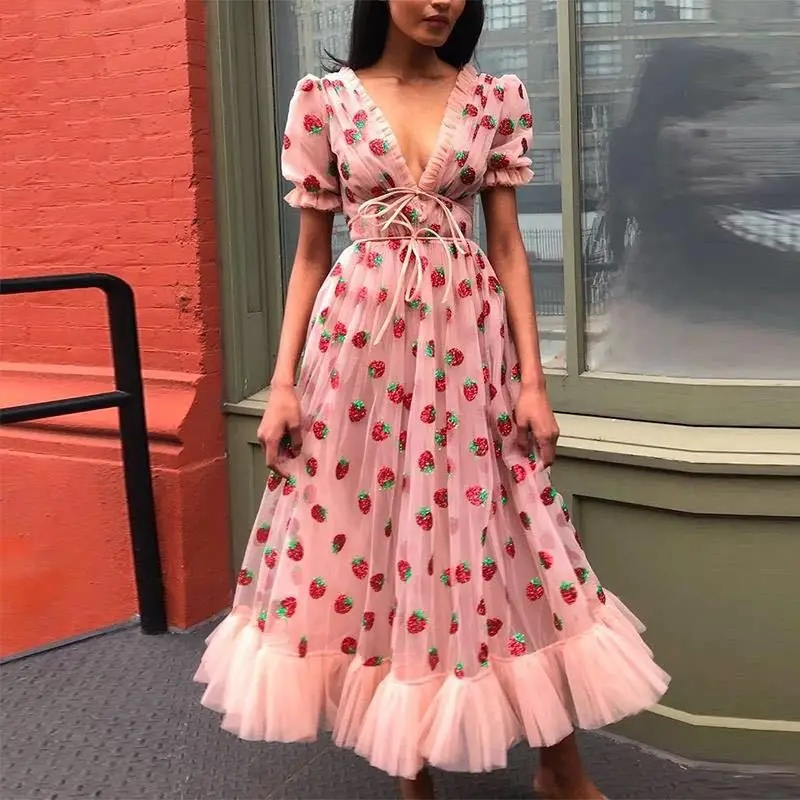 

2021 New trendy pink prom dress Embroidery Floral Graduation Evening Girls' Party V neck bubble sleeve mesh Quinceanera Dresses, Shown