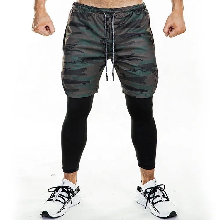 

2 in 1 Mens Dry Running Leggings Sports Workout Shorts Compression Tights with Pocket, Black , white , camo