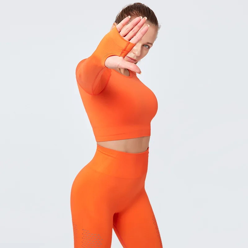 

2022 Sheer Mesh Long Sleeve Padded Round Neck activewear Two Pieces High Waist Solid Workout Ladies yoga sport wear