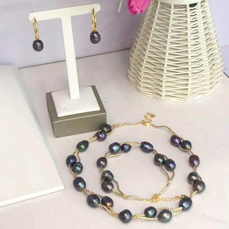 

Natural Freshwater Pearl Handmade Jewelry Necklace And Bracelet Black Tahiti Color Pearl hawaiian jewelry wholesale 2020, Gold color