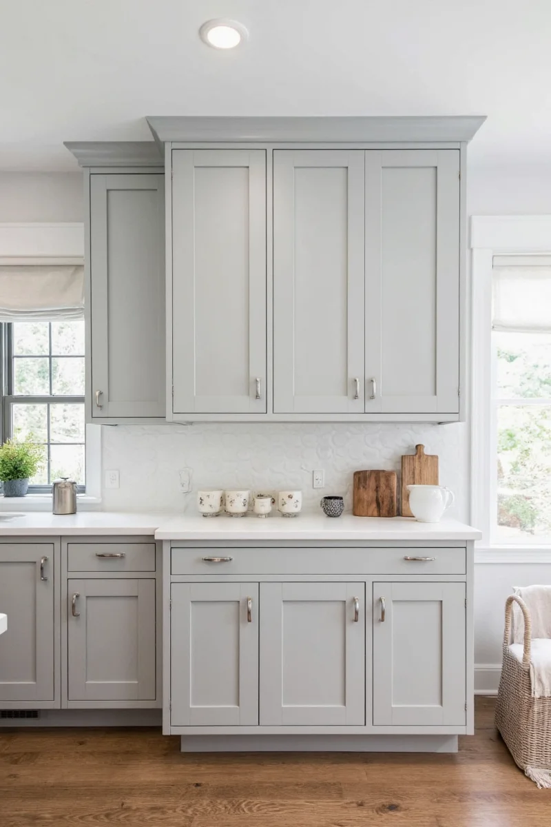 Two-tone grey kitchen cabinets with light top and dark bottom