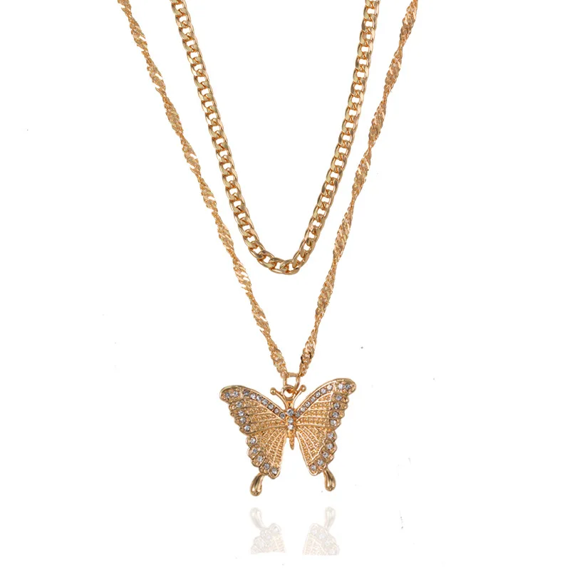 

Gold plated rhinestone layered pave butterfly pendant Cuban link choker tennis necklace for women