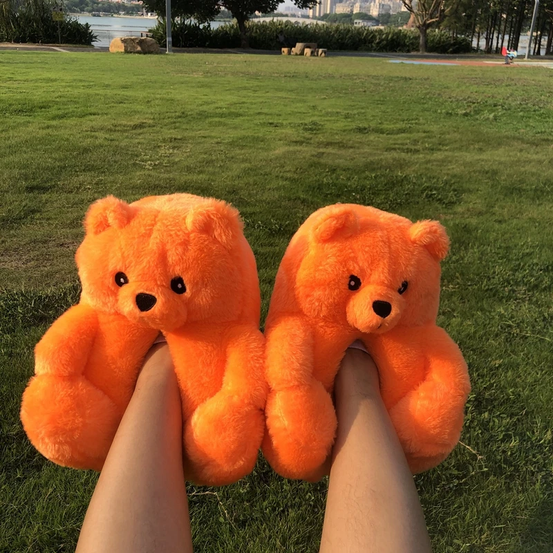 

Wholesale Soft Cartoon Plush Winter Sandals Ladies fluffy Slippers Comfortable House Slippers Teddy Bear Slippers For Woman, 5colors