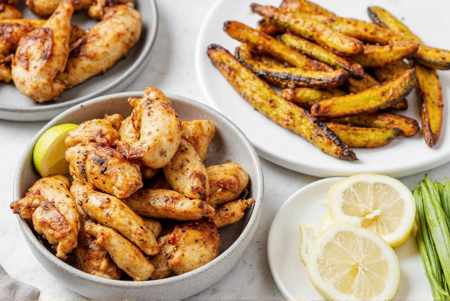 Various dishes seasoned with lemon pepper including grilled chicken, roasted vegetables, and dipping sauce