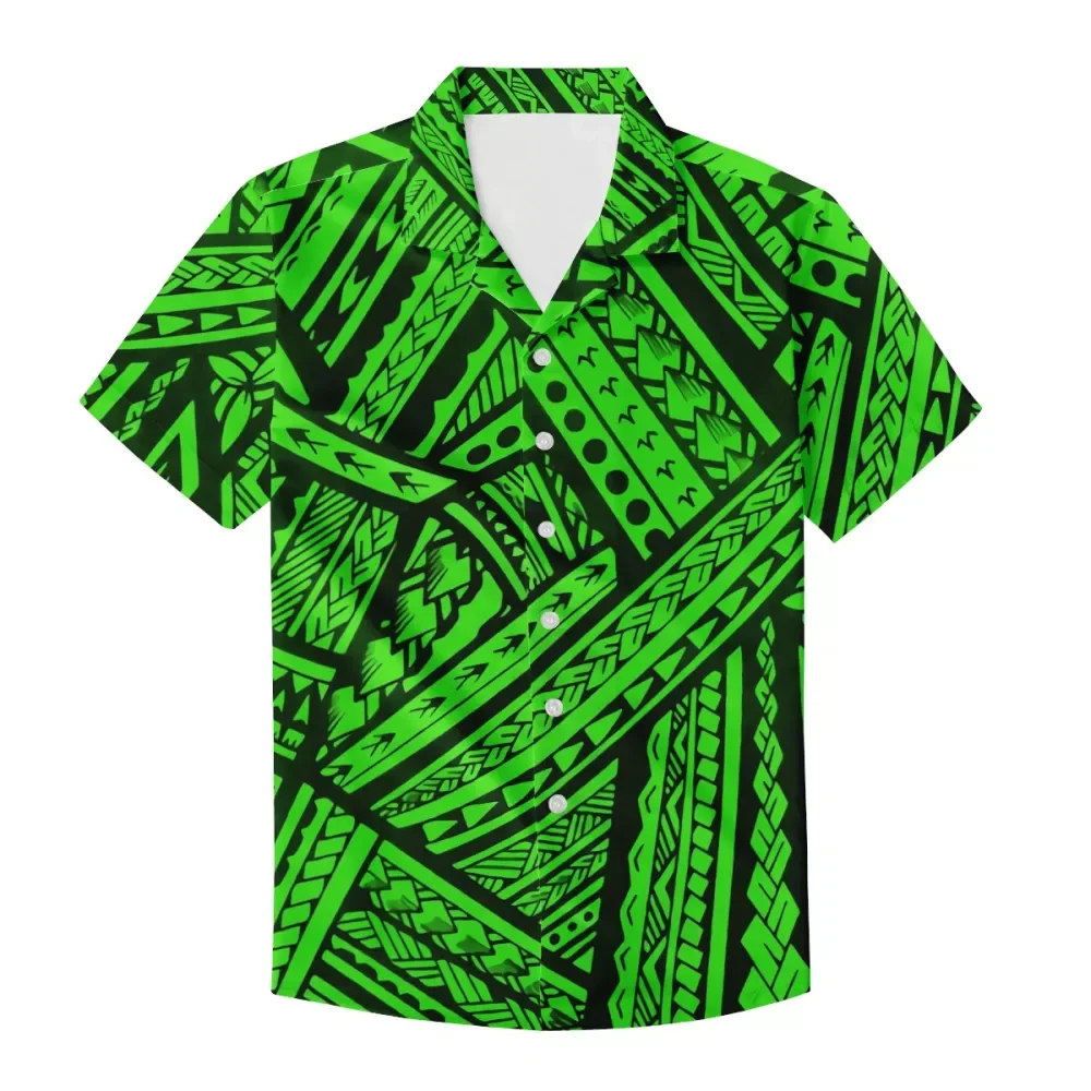 

green Shirts Summer Beach Polynesian tribal design Tops Vintage Plus Size Men's Shirt Tattoo Print Cuba Collar Shirt custom made, Customized colors