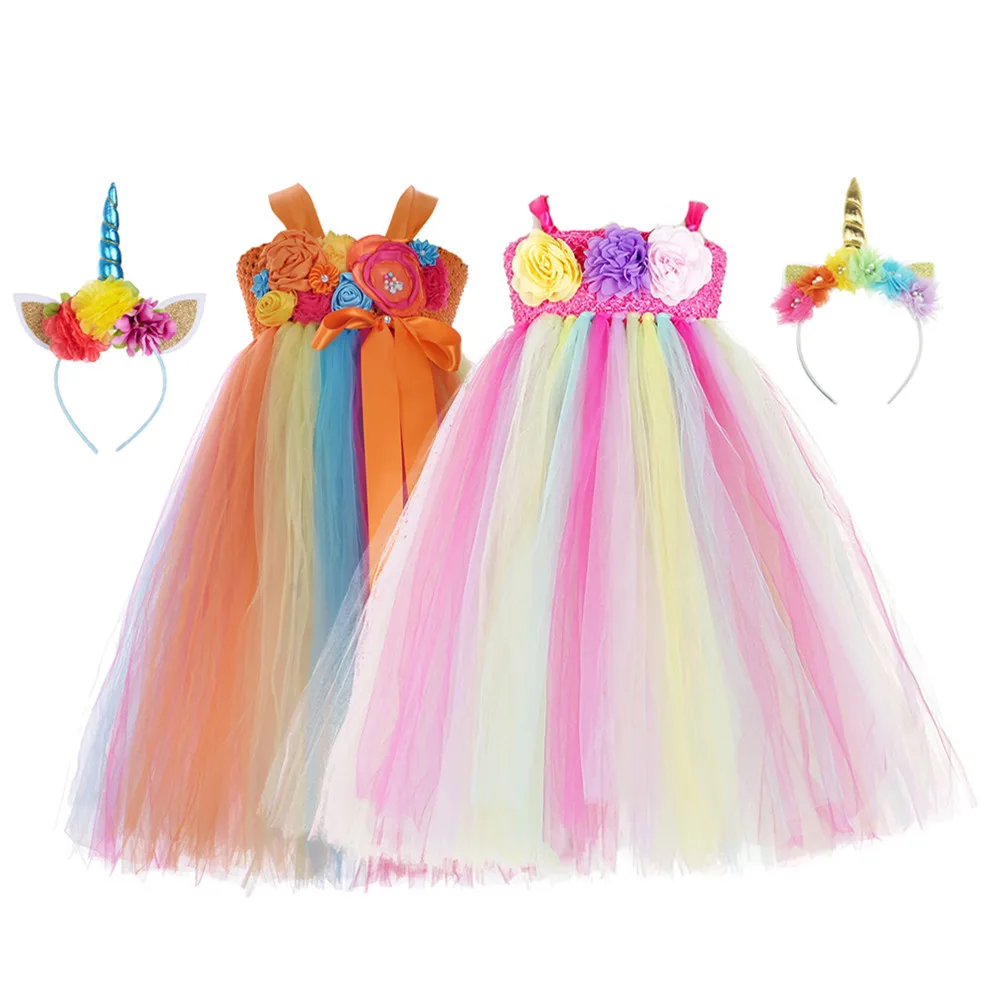 

New Design Kids Dress Up Rainbow Fluffy Pony Flower Part Wear Unicorn Girl Tutu Costume