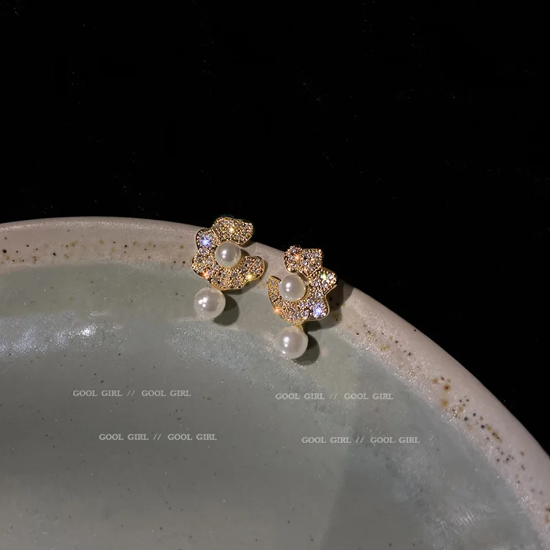 

real gold plated crystal double pearl earrings 2021 korean