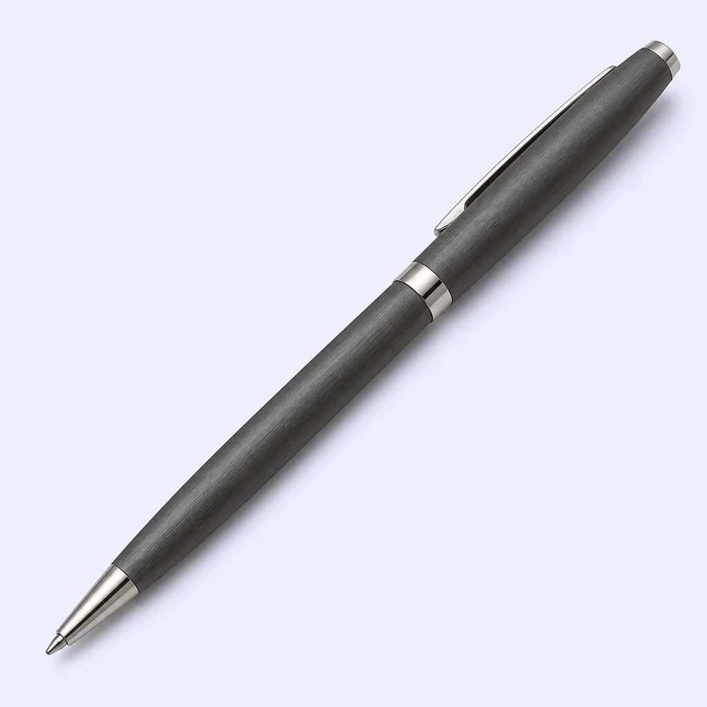 Graphite gray pen with vertical brushed grain texture and silver band