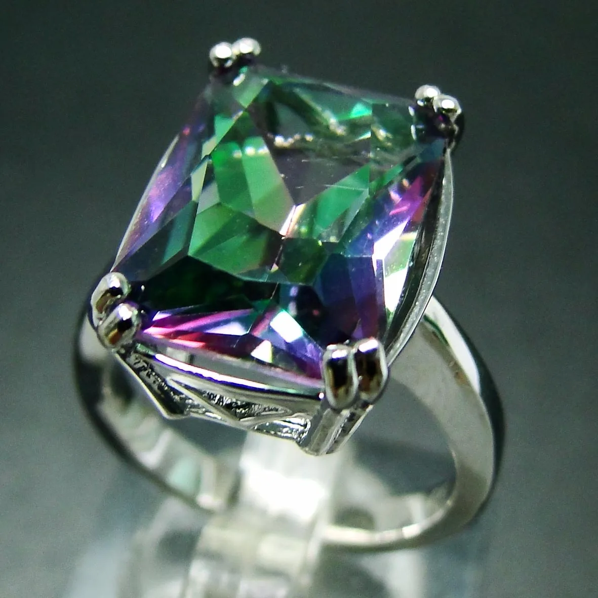 

Emerald Cut 10*14mm Multi Color Rainbow Fire Mystic Topaz Engagement Ring Sterling Silver Wedding Jewelry