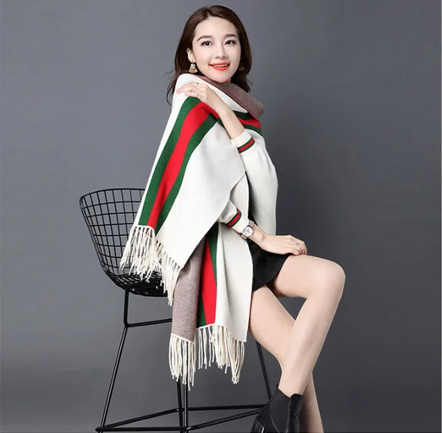 2020时尚披肩流苏品牌pashmina冬季羊毛混纺条纹编织袖子保暖羊绒披肩