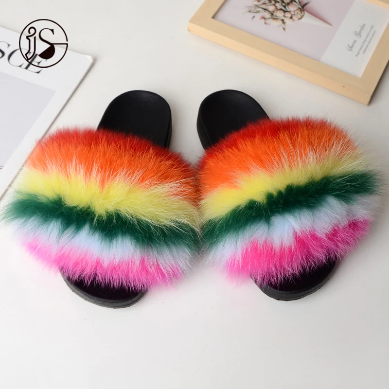 

High-end genuine real raccoon fur slippers fluffy fashion lady slipper Comfort slippers with flat bottom colorful fur slides, Picture
