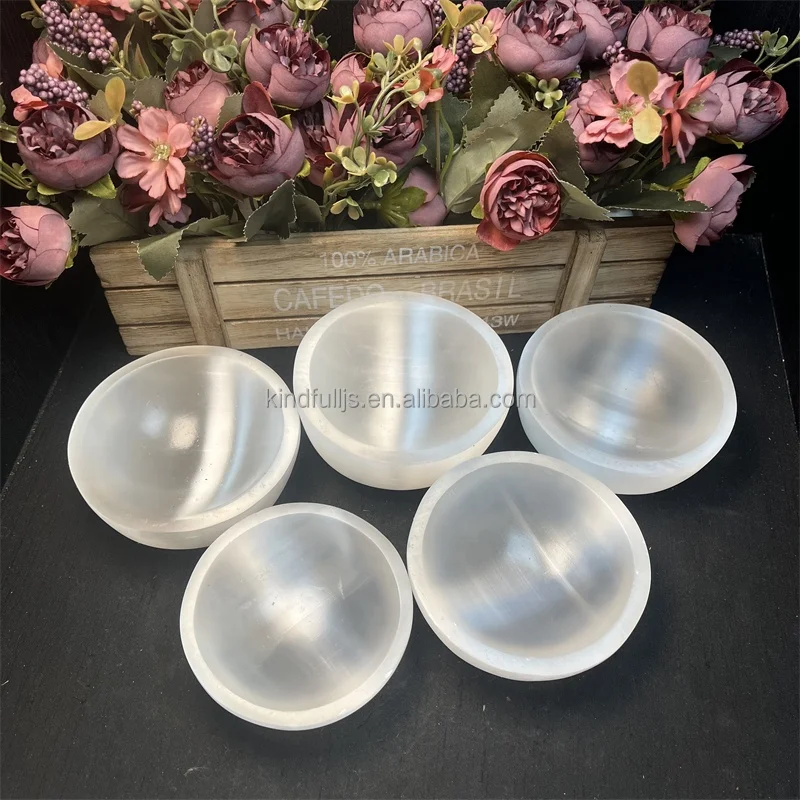 Hand Carved Selenite Bowl Natural Healing Crystal Round Shape Selenite Bowls for Decor