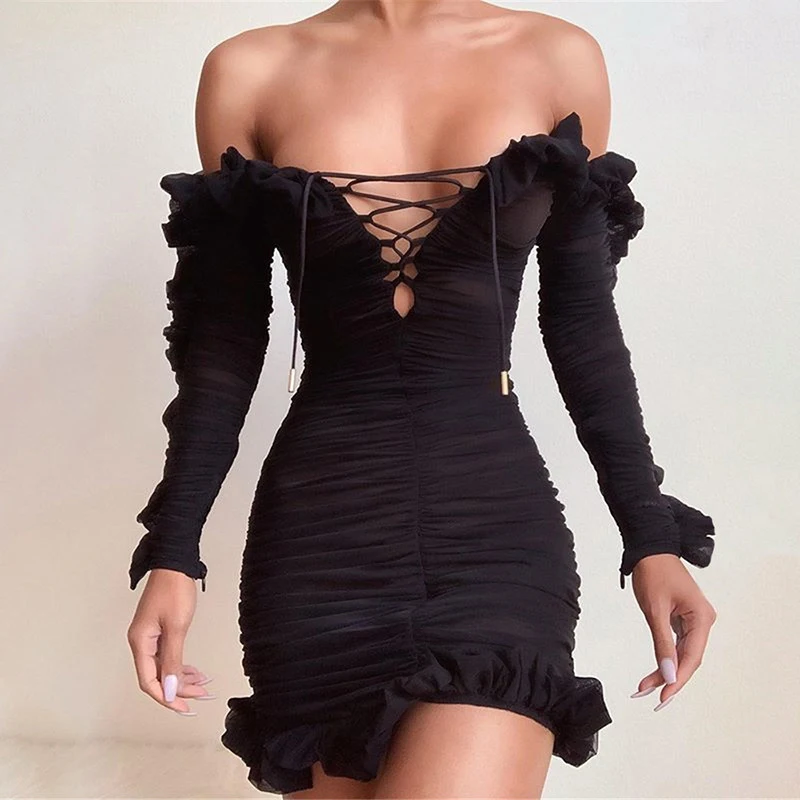 

Double Layers Sheer Mesh Bodycon Summer Dress Women Black Ruffles Long Sleeve Party Dress Plus Size
