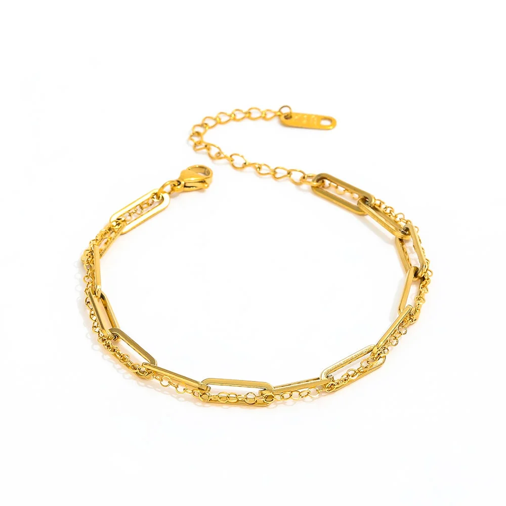 18K PVD Gold Plated Paper Pin Double-layer Stainless Steel Charm Bracelet for Women Wholesale Jewelry