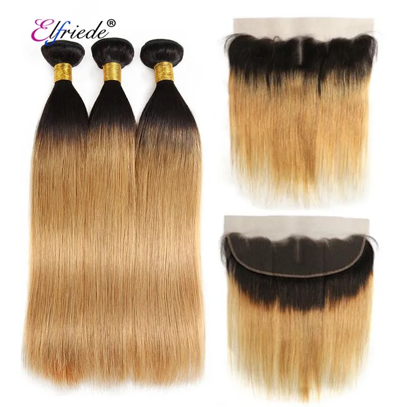 

#T 1B/27 Straight Hair Bundles with Frontal Ombre Brazilian Remy Human Hair Weaves with 13"x4" Lace Frontal JCXT-129