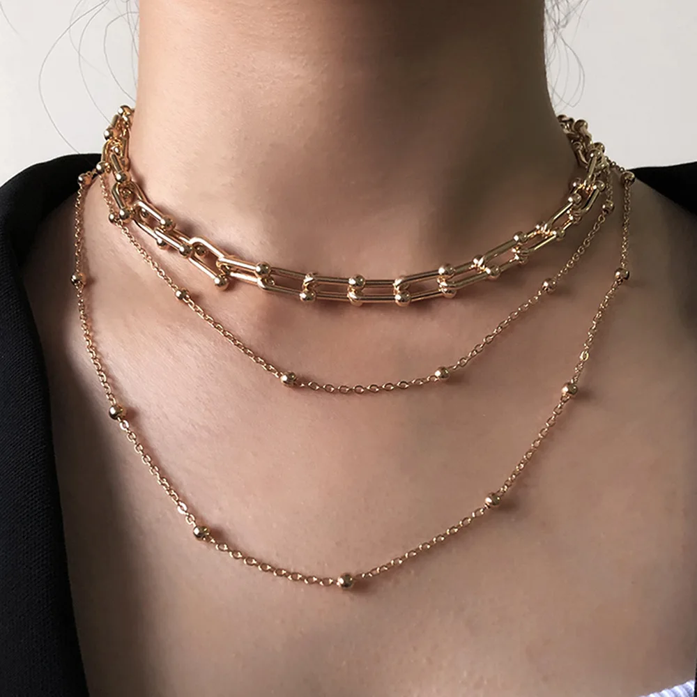 

Creative Multi layer Beaded Link Chain Choker Necklace Punk Simple Tiny Beads Thin Necklace For Girls