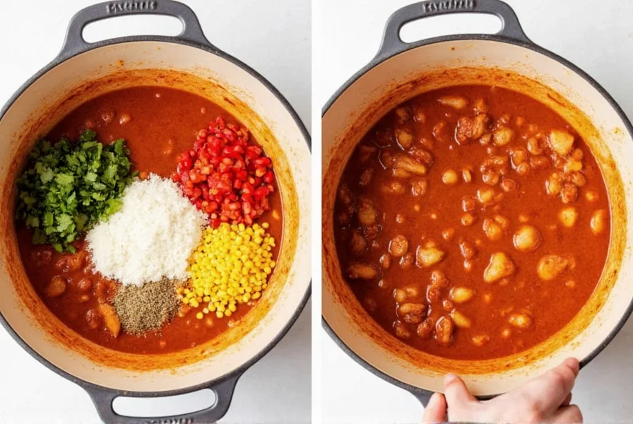 Step-by-step preparation of healthy chicken chili recipe showing ingredients being added to a large pot