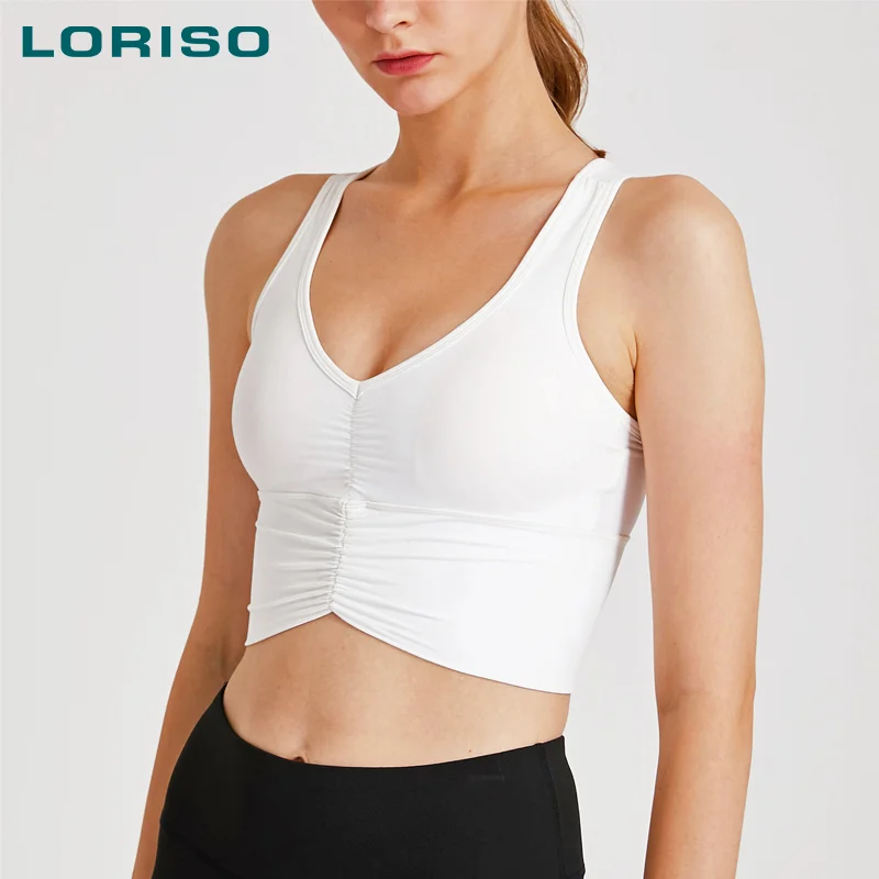 

New arrival top quality pleated oversize custom logo long vest type high elastic fitness yoga bra, Soild color
