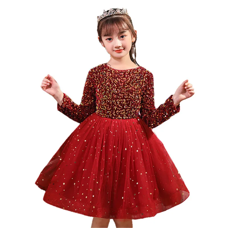 

2021 New Arrival Sequined Long sleeve Red Tutu Dress 3-12years Kids girls Christmas dresses For Children