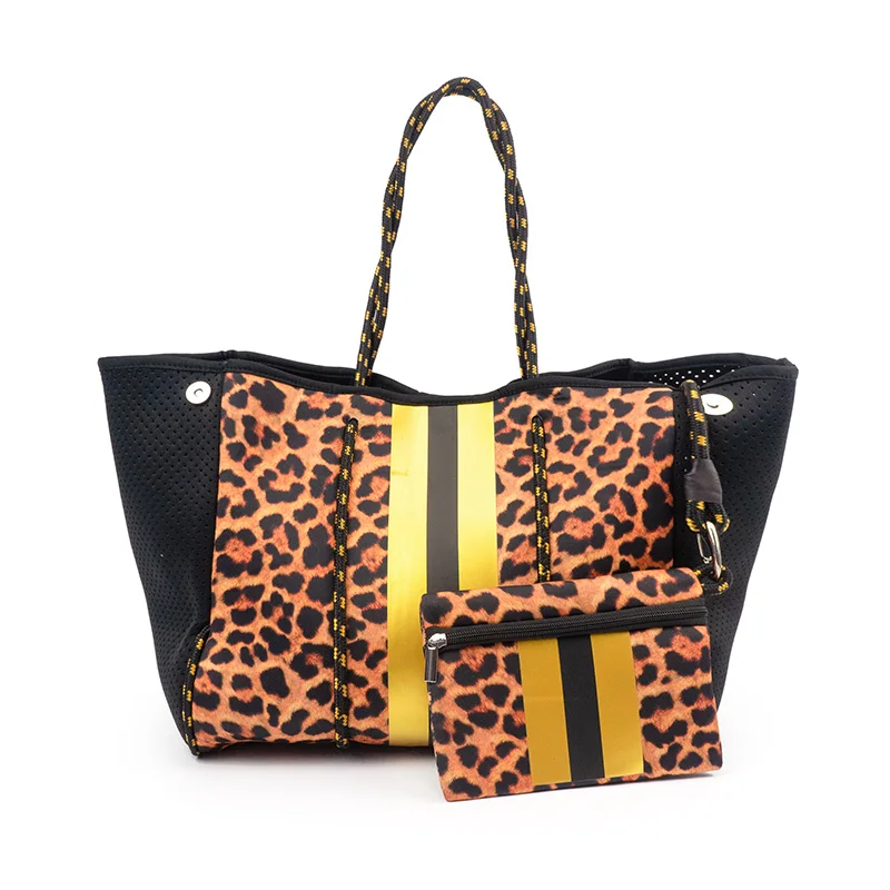 

Wholesale fashion leopard printing neoprene beach handbag waterproof purse neoprene bag, Sample or customized