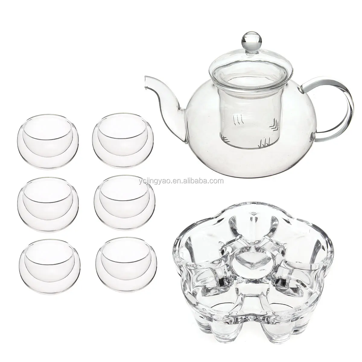 

Clear Teapot Chinese Gongfu Glass Tea Pot Set with Infuser Filter Tea Light Warmer 6 Cups, Transparent