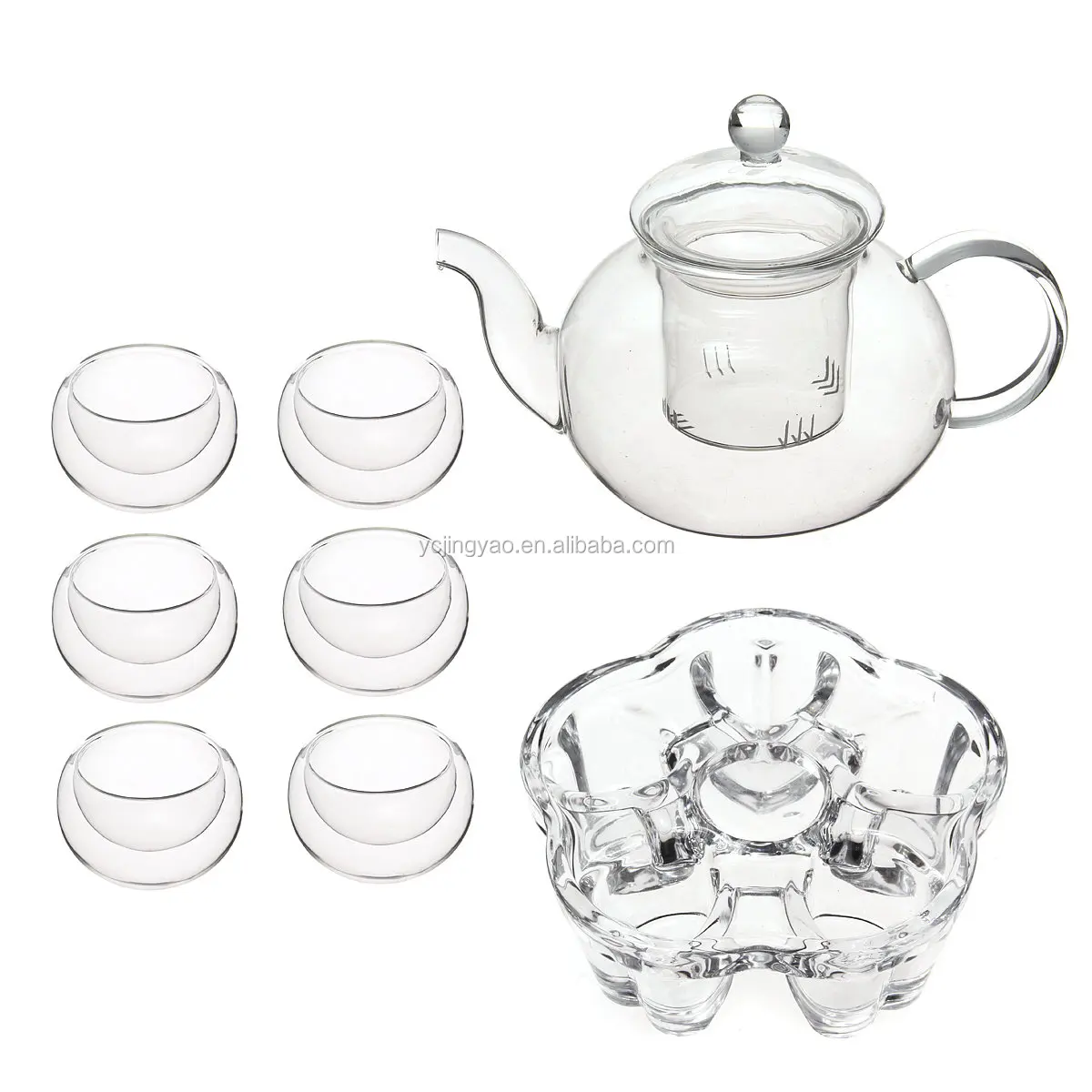 Tealight Warmer 5 sets Glass Tea Pot Infuser Filter Chinese Gongfu 6 Cups Set 