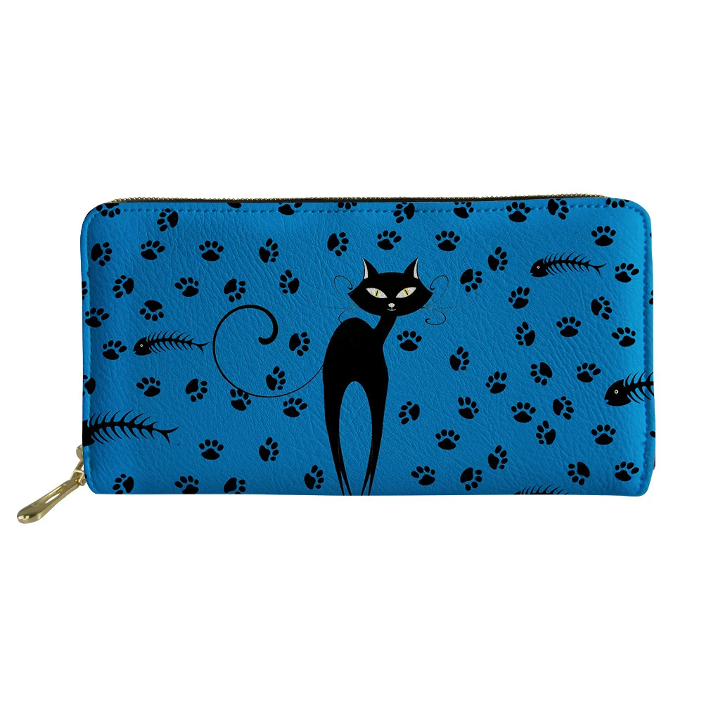 

Manufacturer Supply Women Purse Wallet Mini black cat pattern Print Custom Wallet Vintage Ladies Pu Leather Long Wallet