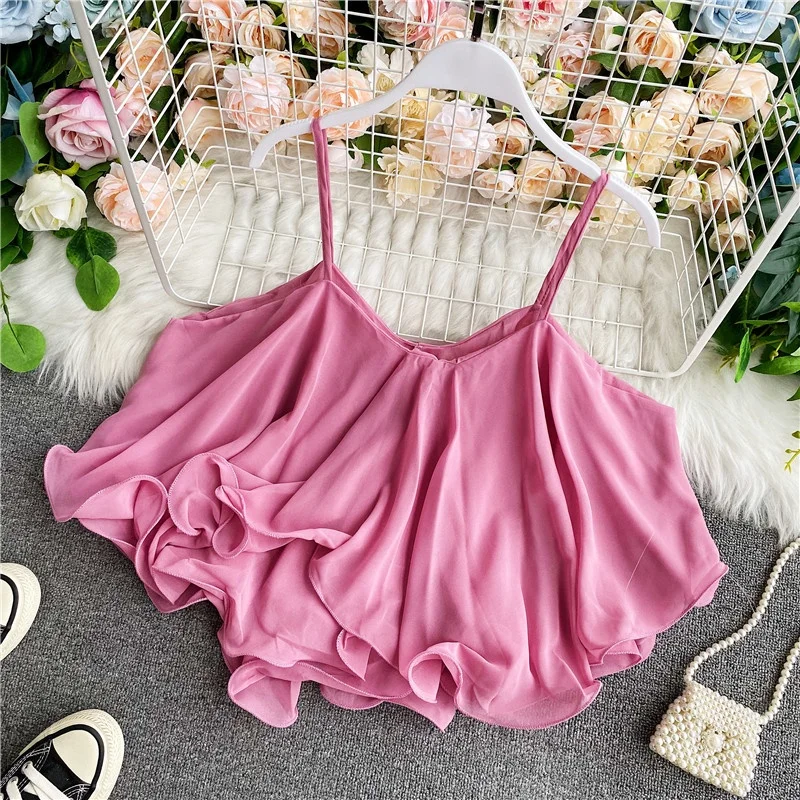 

2023 Summer New Loose Ruffled Off Shoulder Double Layer Sleeveless Chiffon Strap Tank Top for Women Outwear