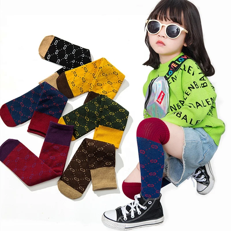 Children long socks winter double GG 100% cotton knee high girls socks