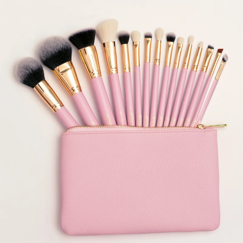 

Wholesaler Professional Makeup Brush Tools 15pcs Flexibility Hair Pink Plastic Handle Private Label Makeup Brush Set
