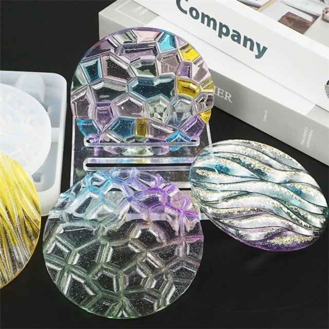 

J191 Free Sample DIY Shiny Resin Round Diamond Wave Silicone Coaster Mold With Holder