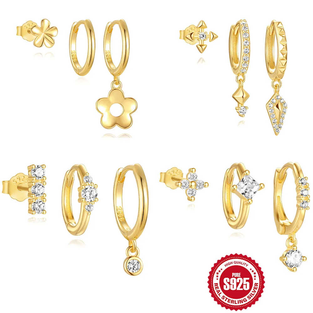 Fashion Jewelry Earrings 925 Sterling Silver Zircon Earrings Set Flower Round Rhombus Diamond Gold Plated Hoop Earrings Women