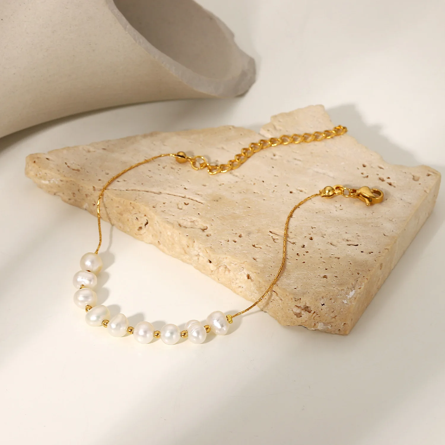 

Natural Freshwater Pearl Stainless Steel Bracelet Bangles Jewelry Women Gift Dainty PVD 18k Gold Chain Bracelet