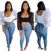 

E92147 women 2020 new product solid color long sleeve mesh sleeve upwear U neck sexy women crop top hot sale on Amazon wholesale